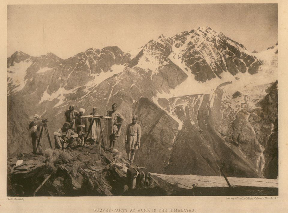 Oude prent van Theodoliet in de bergen